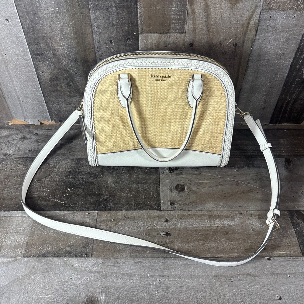 KATE SPADE Reiley Straw‎ Dome Satchel Crossbody Off White Leather Braided Trim